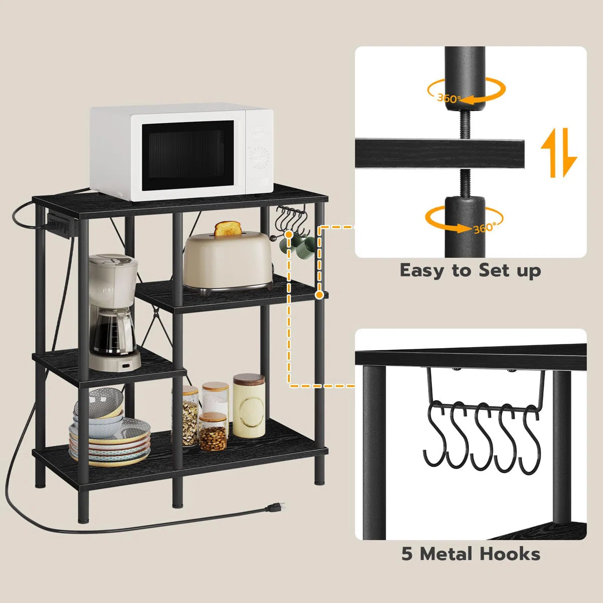 Kitchen Rack: Microwave Stand with 5 S-Shaped Hooks Kitchen Storage Shelf