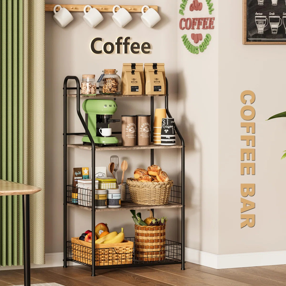 Kitchen Rack: Microwave Stand with Storage Coffee Bar Microwave Cart with Storage, 4-Tier Bakers Racks for Kitchens