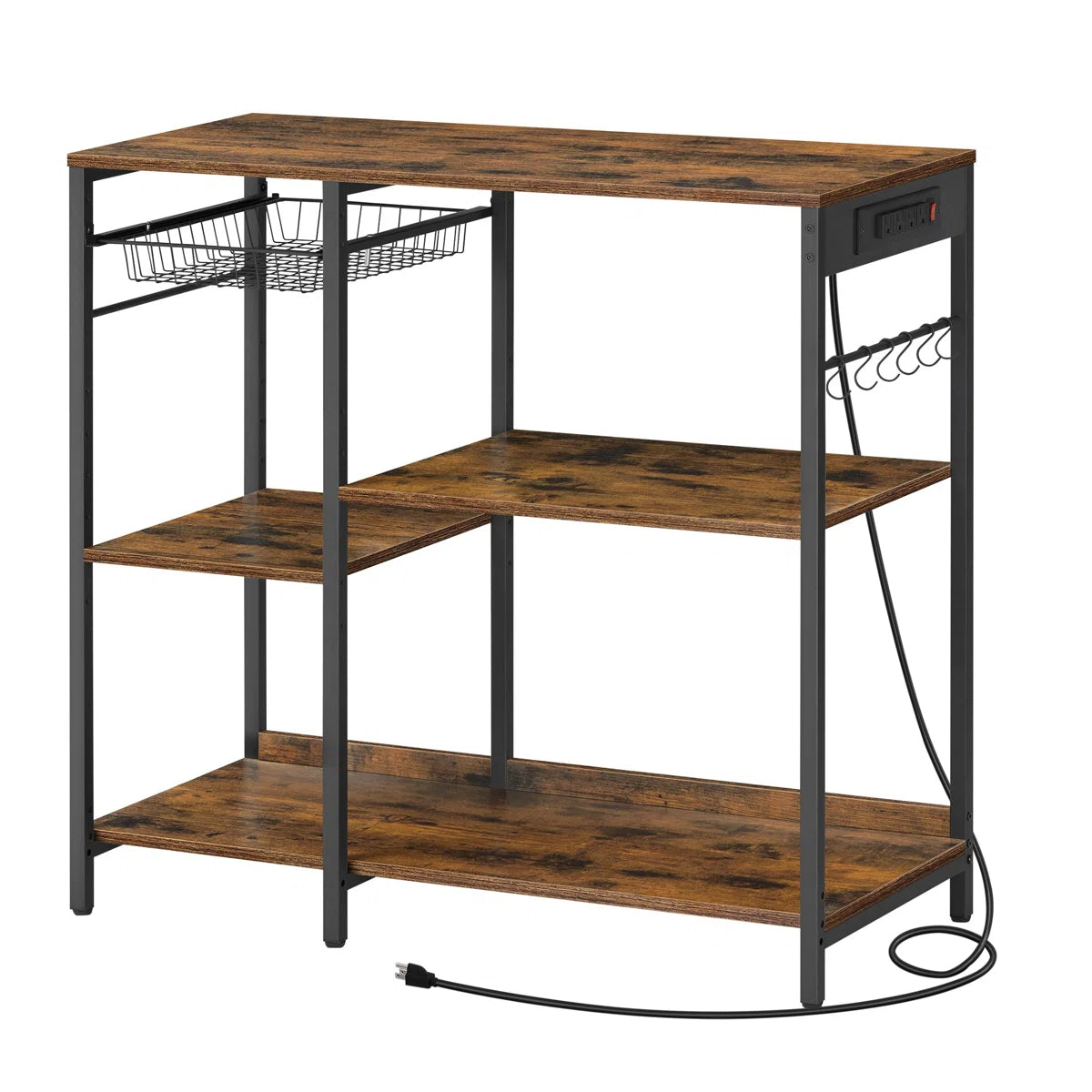 Kitchen Island Table: 35.4" Wide Wide Rustic Brown Kitchen Shelf with Basket & 5 Shelves