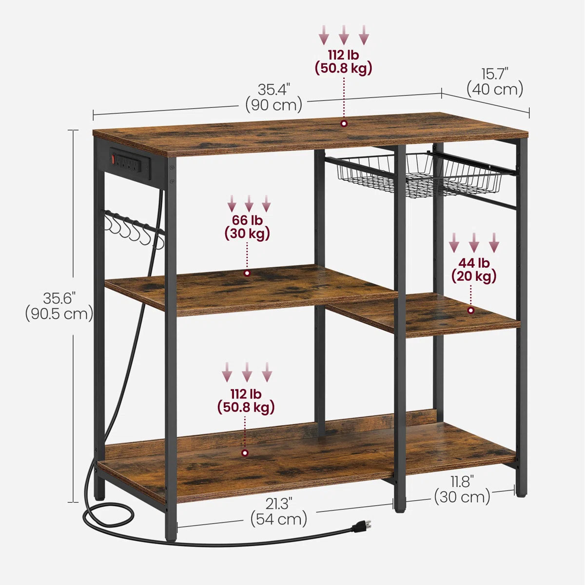 Kitchen Island Table: 35.4" Wide Wide Rustic Brown Kitchen Shelf with Basket & 5 Shelves