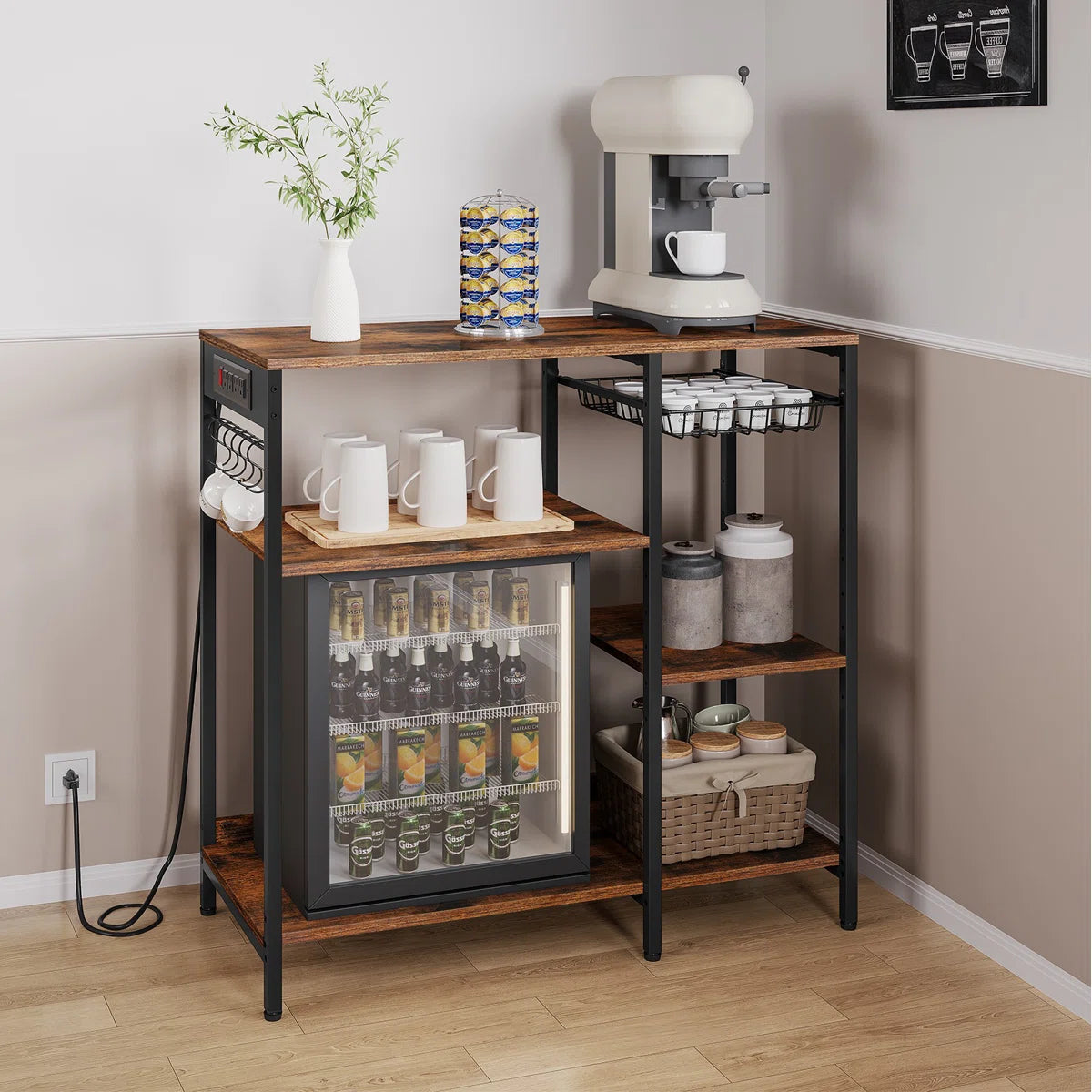Kitchen Island Table: 35.4" Wide Wide Rustic Brown Kitchen Shelf with Basket & 5 Shelves