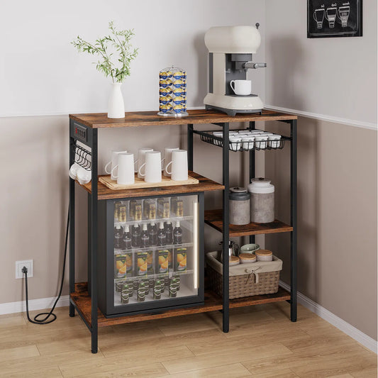 Kitchen Island Table: 35.4" Wide Wide Rustic Brown Kitchen Shelf with Basket & 5 Shelves