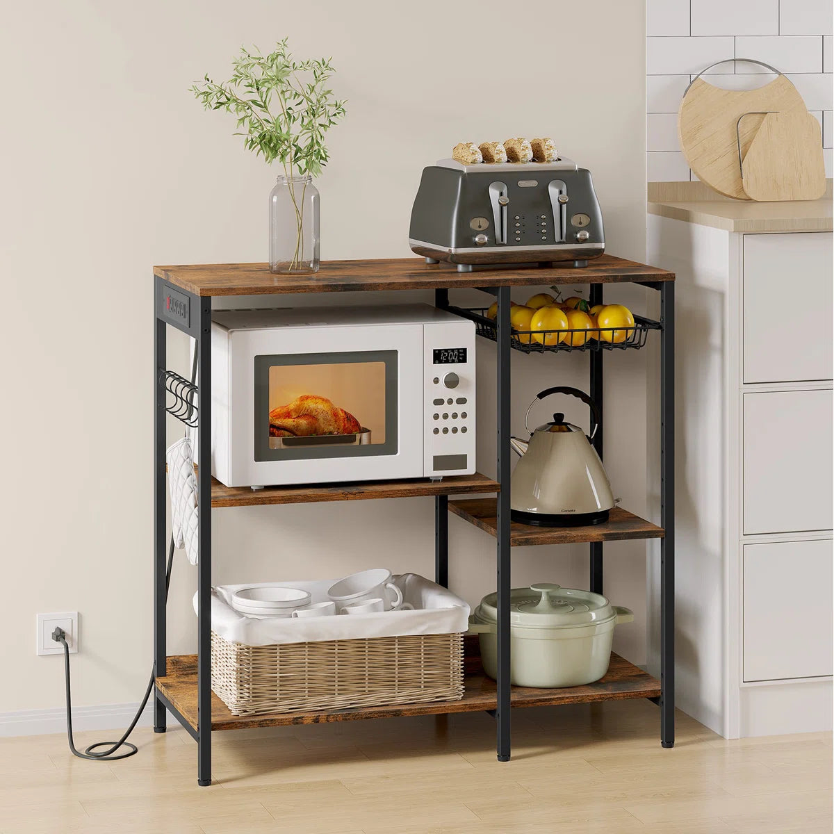 Kitchen Island Table: 35.4" Wide Wide Rustic Brown Kitchen Shelf with Basket & 5 Shelves