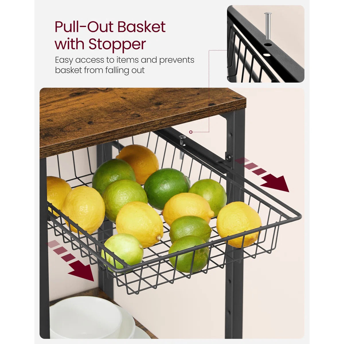 Kitchen Island Table: 35.4" Wide Wide Rustic Brown Kitchen Shelf with Basket & 5 Shelves