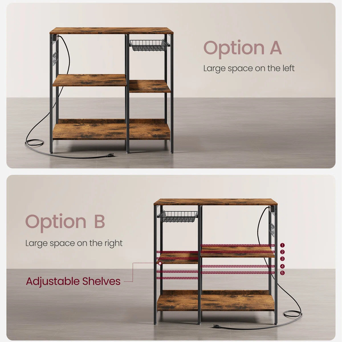 Kitchen Island Table: 35.4" Wide Wide Rustic Brown Kitchen Shelf with Basket & 5 Shelves