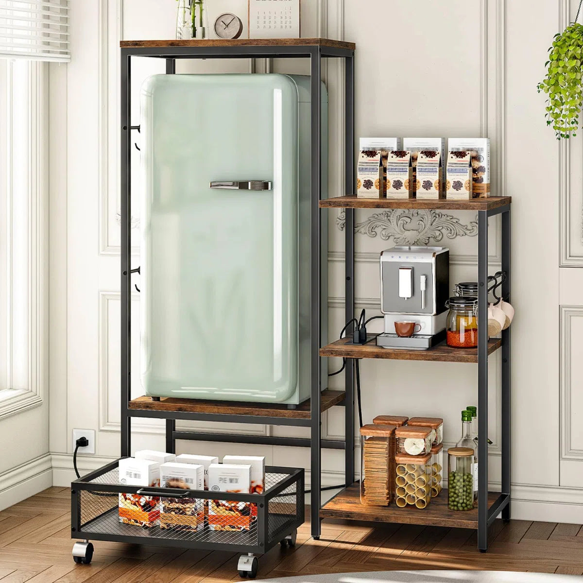 Kitchen Racks: Microwave Oven Stand, Kitchen Bakers Rack & Power Outlet, Compact Refrigerator Stand With Detachable Basket