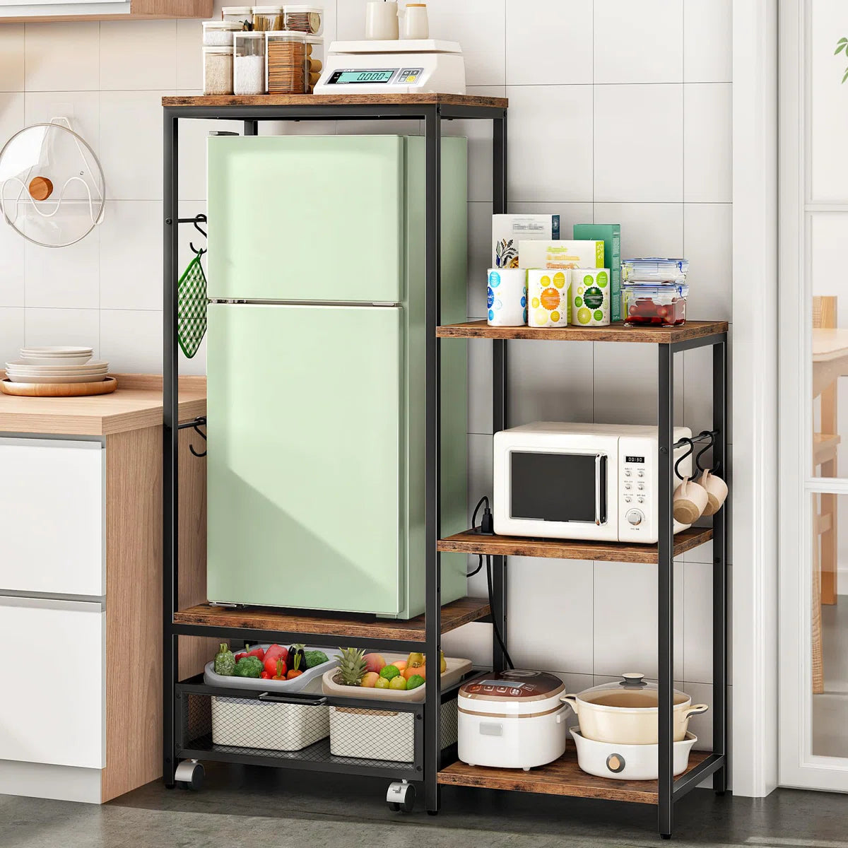 Kitchen Racks: Microwave Oven Stand, Kitchen Bakers Rack & Power Outlet, Compact Refrigerator Stand With Detachable Basket