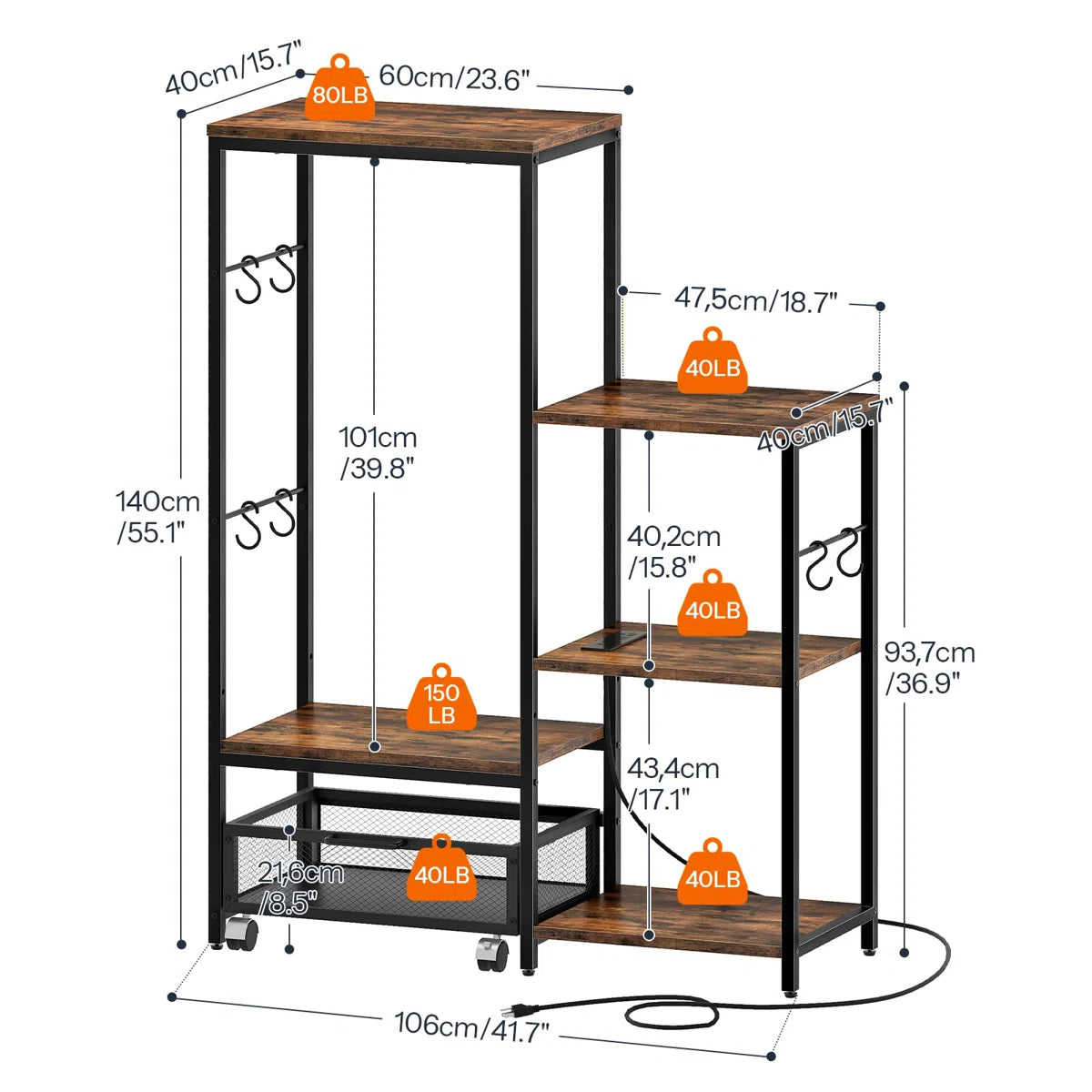 Kitchen Racks: Microwave Oven Stand, Kitchen Bakers Rack & Power Outlet, Compact Refrigerator Stand With Detachable Basket