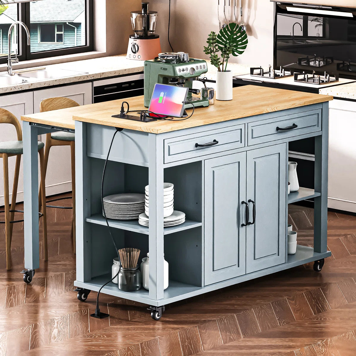 Kitchen Island Table: 47.2" Wide Extendable Dining Table Island with Power Outlet & Storage