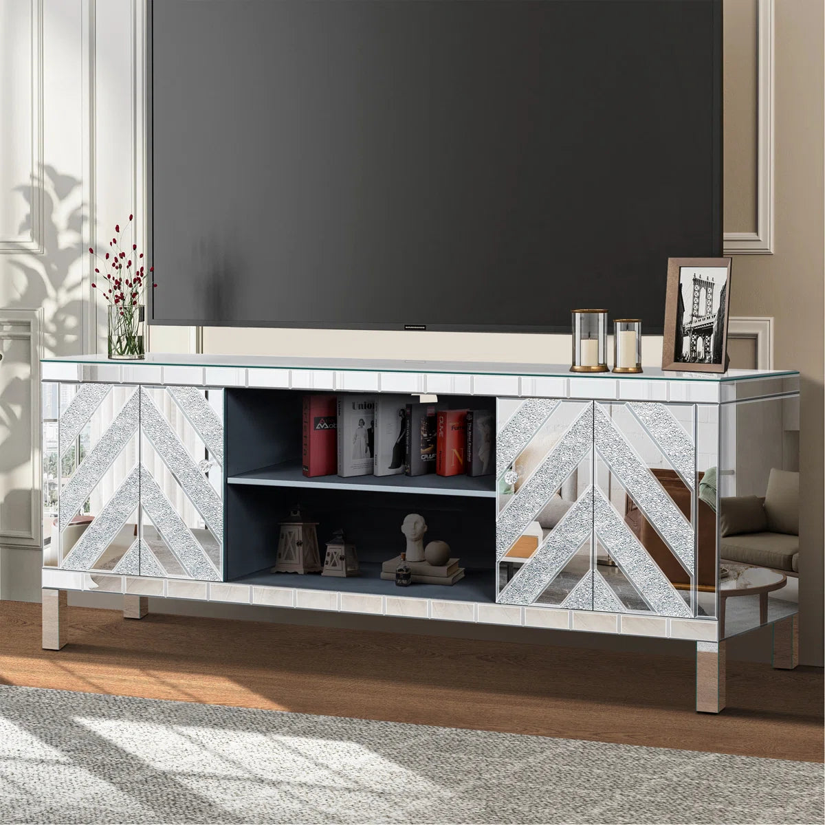 tv panel: Mirrored tv panel For 65+ Inch TV, Sliver TV Console Table With Open Storage & 2 Storage Cabinets ,M Shape Sparkling Mirror Doors For Living Room(59''W X 25.2''H X 15.7D)