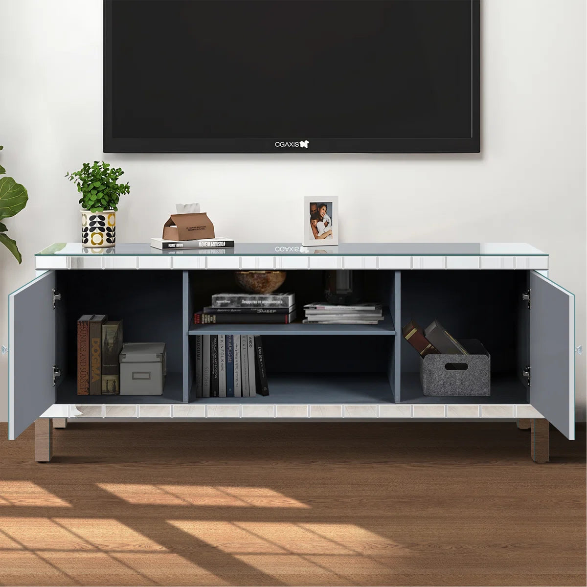 tv panel: Mirrored tv panel For 65+ Inch TV, Sliver TV Console Table With Open Storage & 2 Storage Cabinets ,M Shape Sparkling Mirror Doors For Living Room(59''W X 25.2''H X 15.7D)