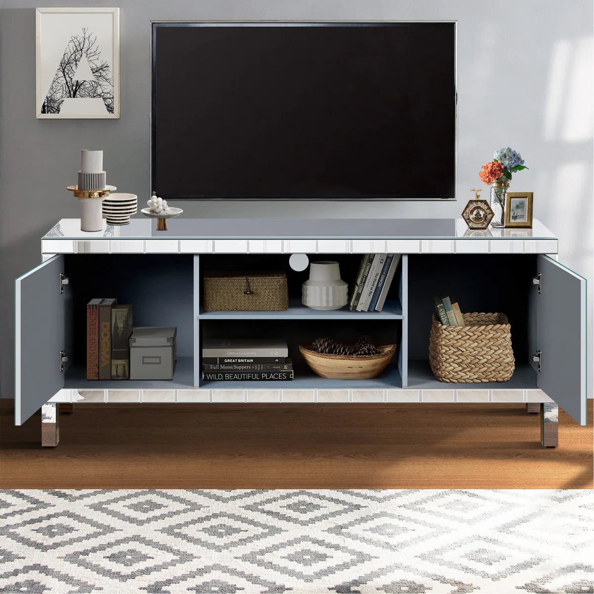 tv panel: Mirrored tv panel For 65+ Inch TV, Sliver TV Console Table With Open Storage & 2 Storage Cabinets ,M Shape Sparkling Mirror Doors For Living Room(59''W X 25.2''H X 15.7D)