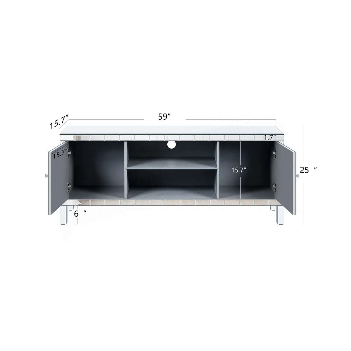 tv panel: Mirrored tv panel For 65+ Inch TV, Sliver TV Console Table With Open Storage & 2 Storage Cabinets ,M Shape Sparkling Mirror Doors For Living Room(59''W X 25.2''H X 15.7D)