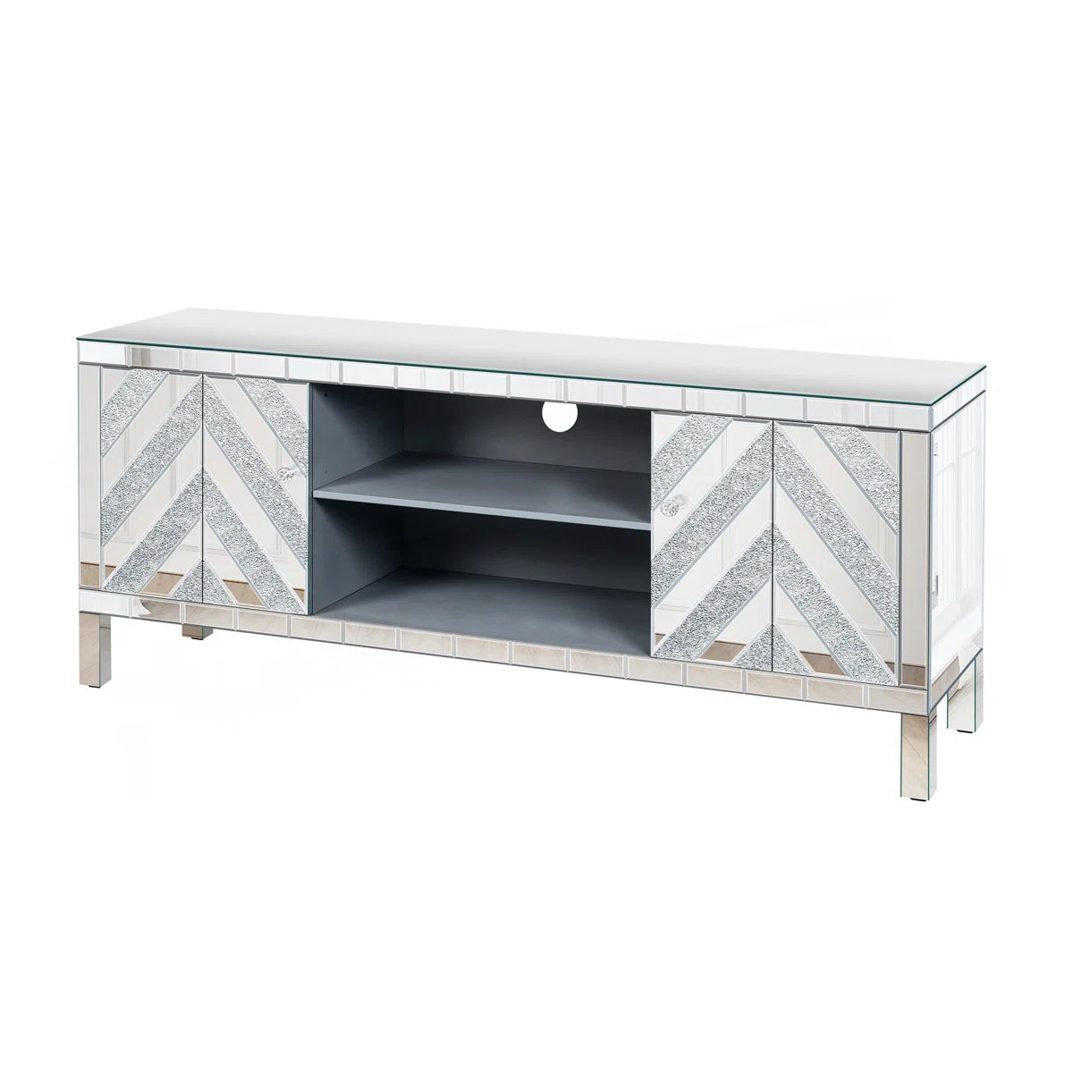 tv panel: Mirrored tv panel For 65+ Inch TV, Sliver TV Console Table With Open Storage & 2 Storage Cabinets ,M Shape Sparkling Mirror Doors For Living Room(59''W X 25.2''H X 15.7D)