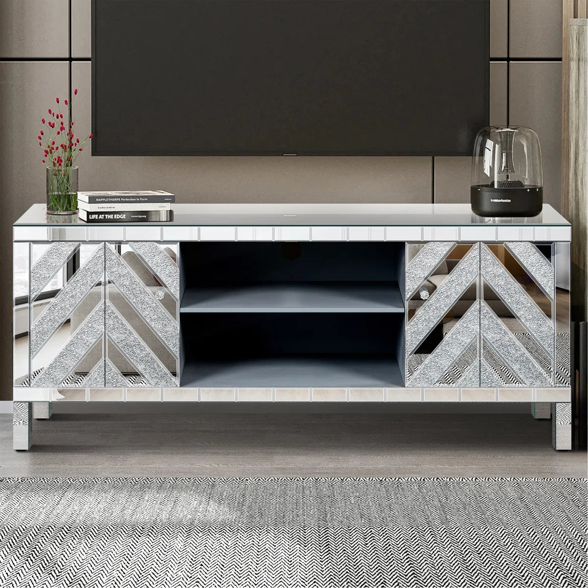 tv panel: Mirrored tv panel For 65+ Inch TV, Sliver TV Console Table With Open Storage & 2 Storage Cabinets ,M Shape Sparkling Mirror Doors For Living Room(59''W X 25.2''H X 15.7D)