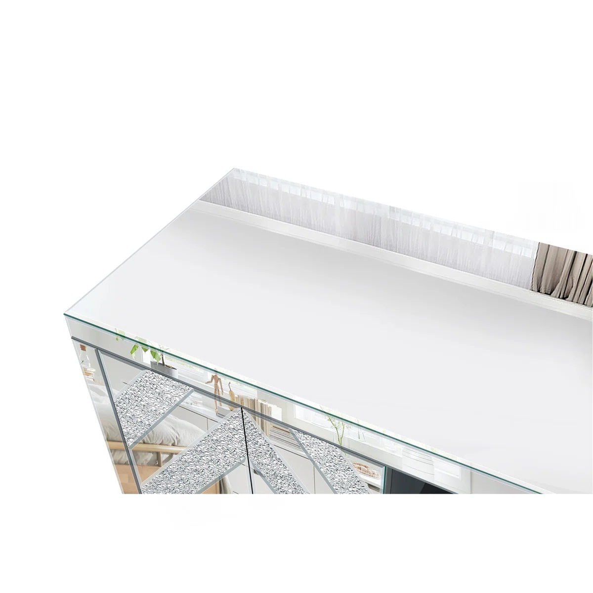 tv panel: Mirrored tv panel For 65+ Inch TV, Sliver TV Console Table With Open Storage & 2 Storage Cabinets ,M Shape Sparkling Mirror Doors For Living Room(59''W X 25.2''H X 15.7D)
