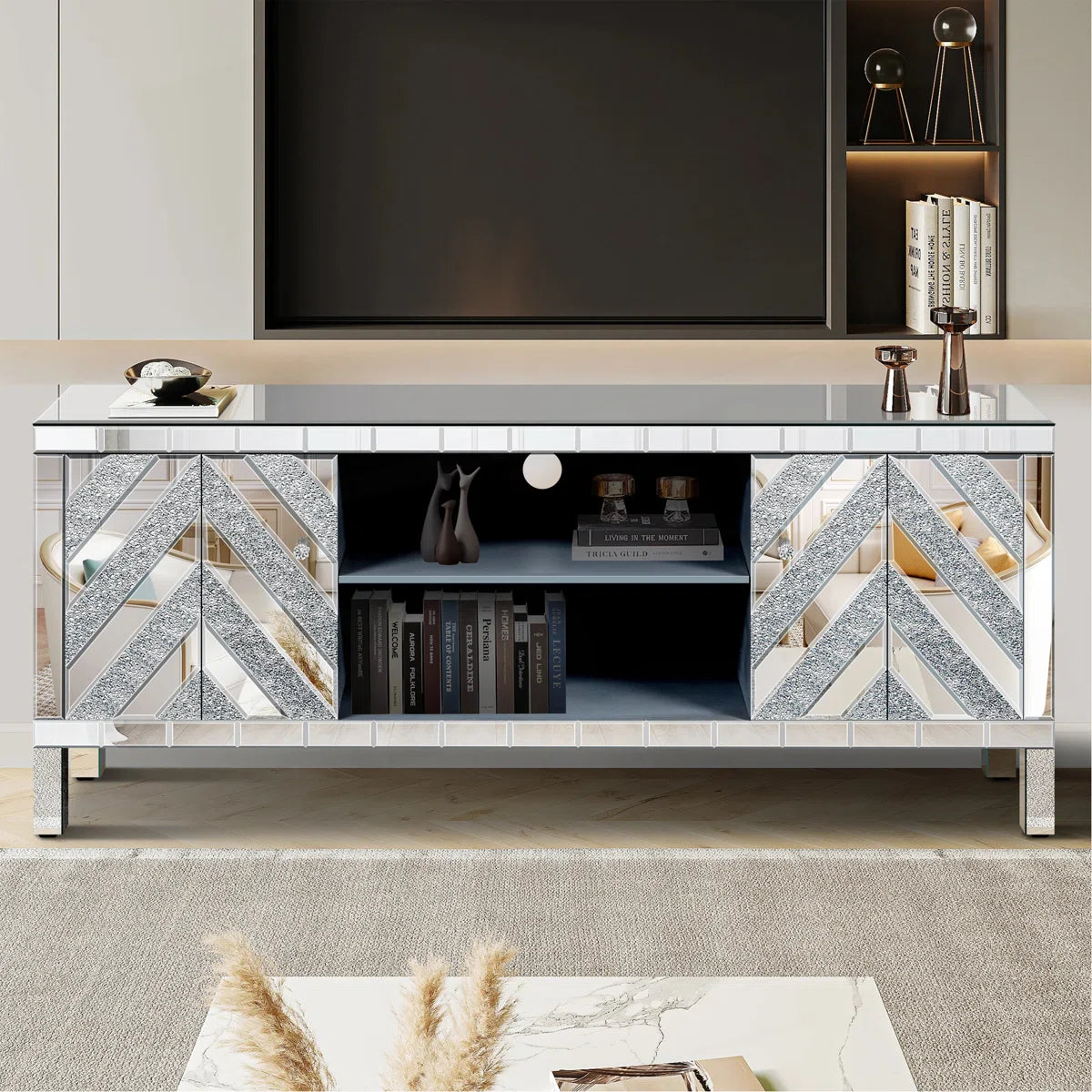 tv panel: Mirrored tv panel For 65+ Inch TV, Sliver TV Console Table With Open Storage & 2 Storage Cabinets ,M Shape Sparkling Mirror Doors For Living Room(59''W X 25.2''H X 15.7D)