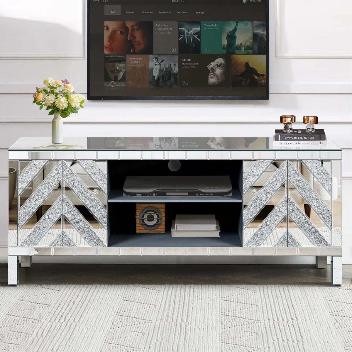 tv panel: Mirrored tv panel For 65+ Inch TV, Sliver TV Console Table With Open Storage & 2 Storage Cabinets ,M Shape Sparkling Mirror Doors For Living Room(59''W X 25.2''H X 15.7D)