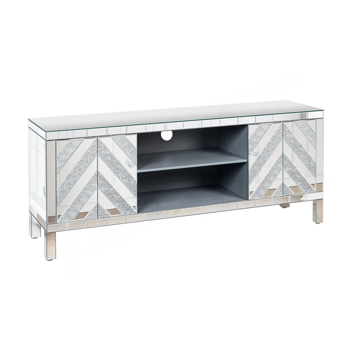 tv panel: Mirrored tv panel For 65+ Inch TV, Sliver TV Console Table With Open Storage & 2 Storage Cabinets ,M Shape Sparkling Mirror Doors For Living Room(59''W X 25.2''H X 15.7D)