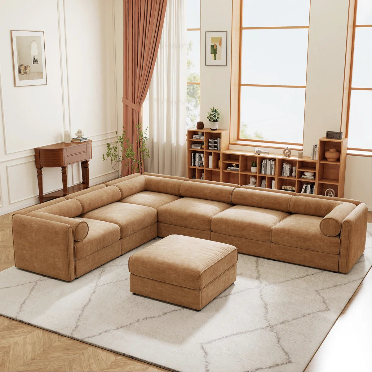 7 Seater Sofa Set: Modern 6-Piece Modular Sectional with Storage in Camel Chenille