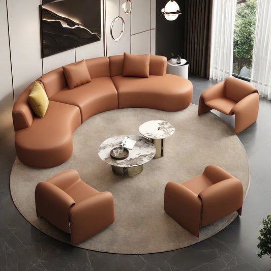 7 Seater Sofa Set: Modern Curved 6-Piece Faux Leather Living Room