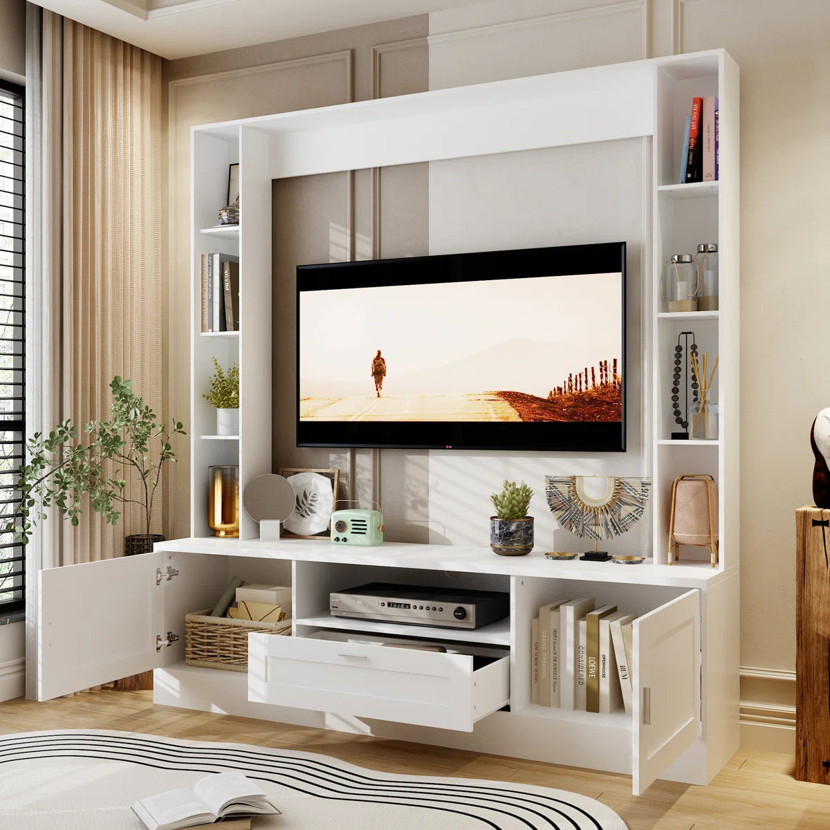 TV Panel: Stylish TV cabinet with multi-shelf layout and functional storage drawer