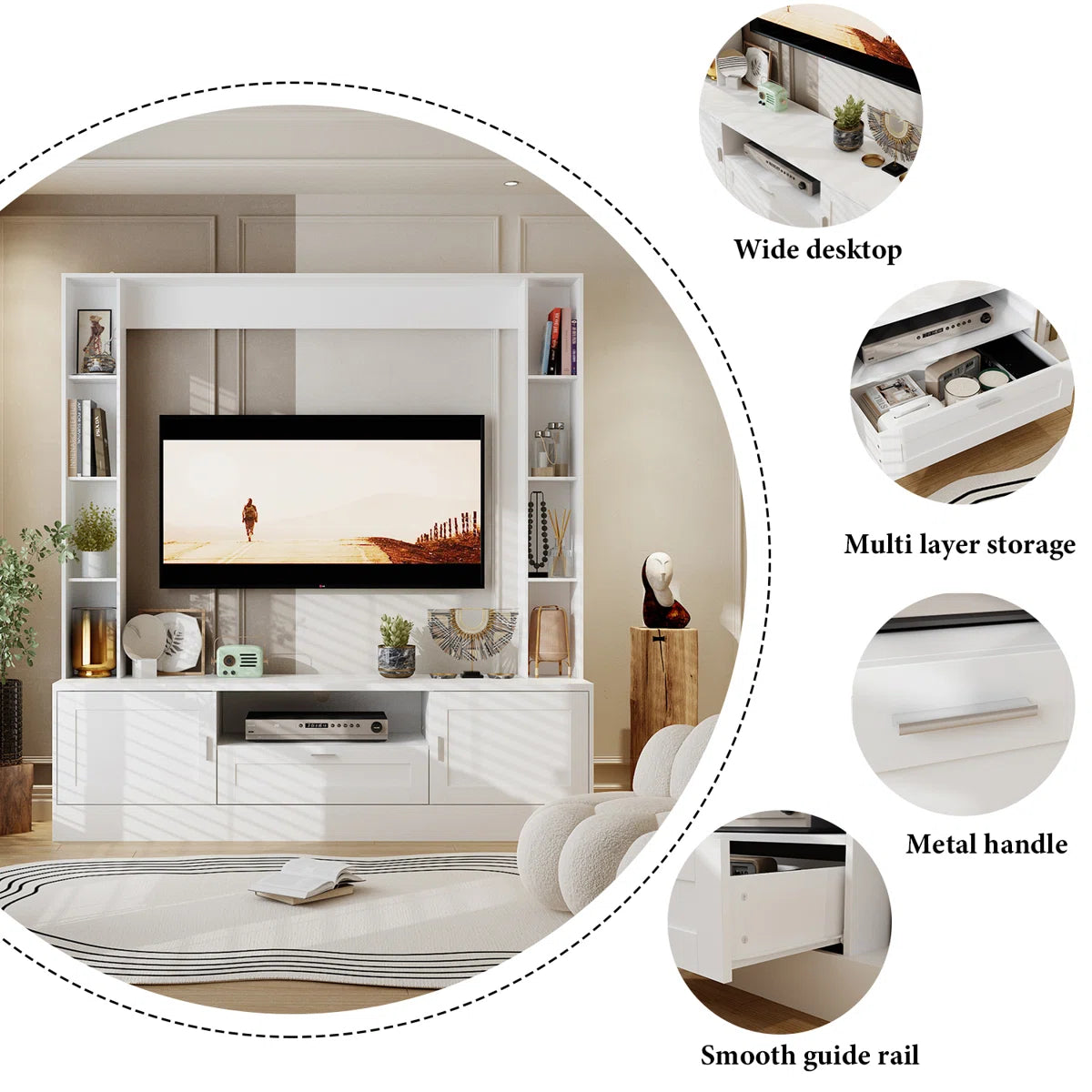 TV Panel: Stylish TV cabinet with multi-shelf layout and functional storage drawer