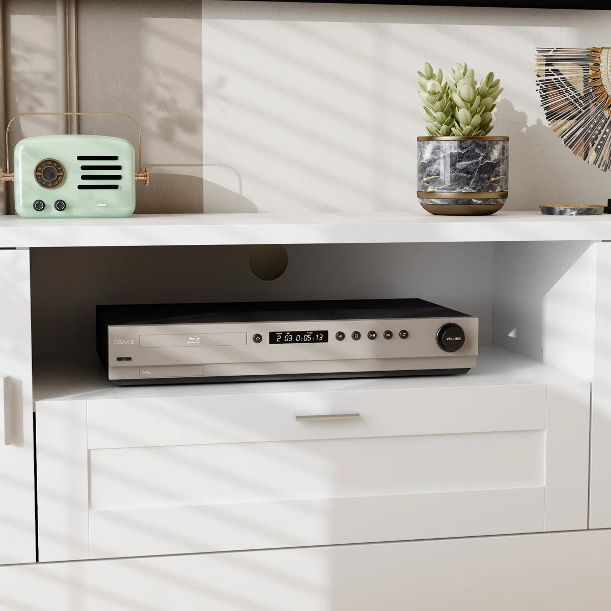 TV Panel: Stylish TV cabinet with multi-shelf layout and functional storage drawer