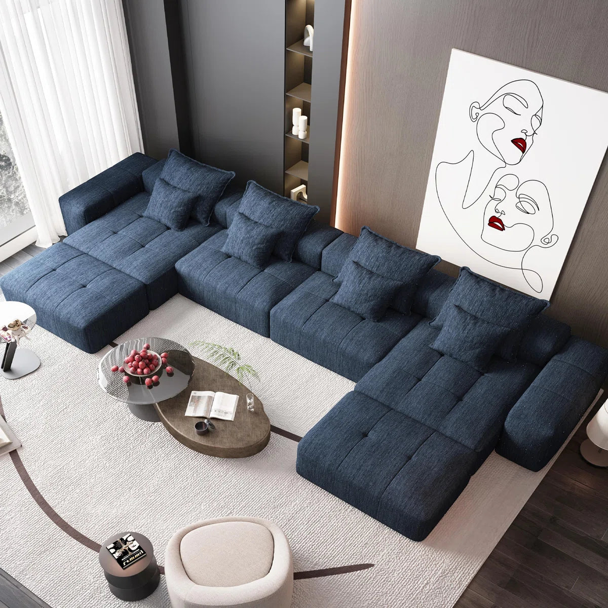 7 Seater Sofa Set: 8PC Modular Chenille Fabric Sectional with Soft Cushions & 8 Pillows
