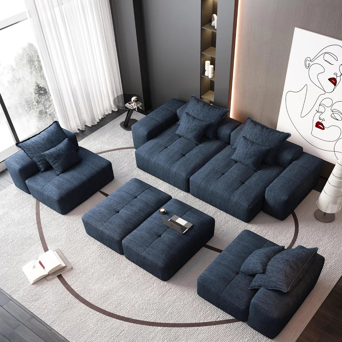 7 Seater Sofa Set: 8PC Modular Chenille Fabric Sectional with Soft Cushions & 8 Pillows