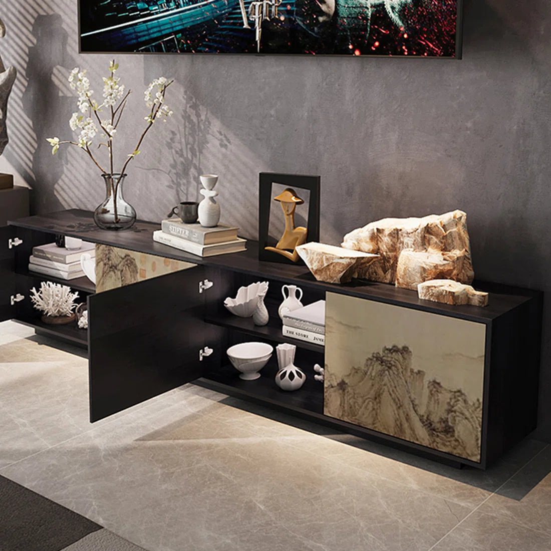 tv panel: Modern Pine Wood tv panel with Open Storage Shelves