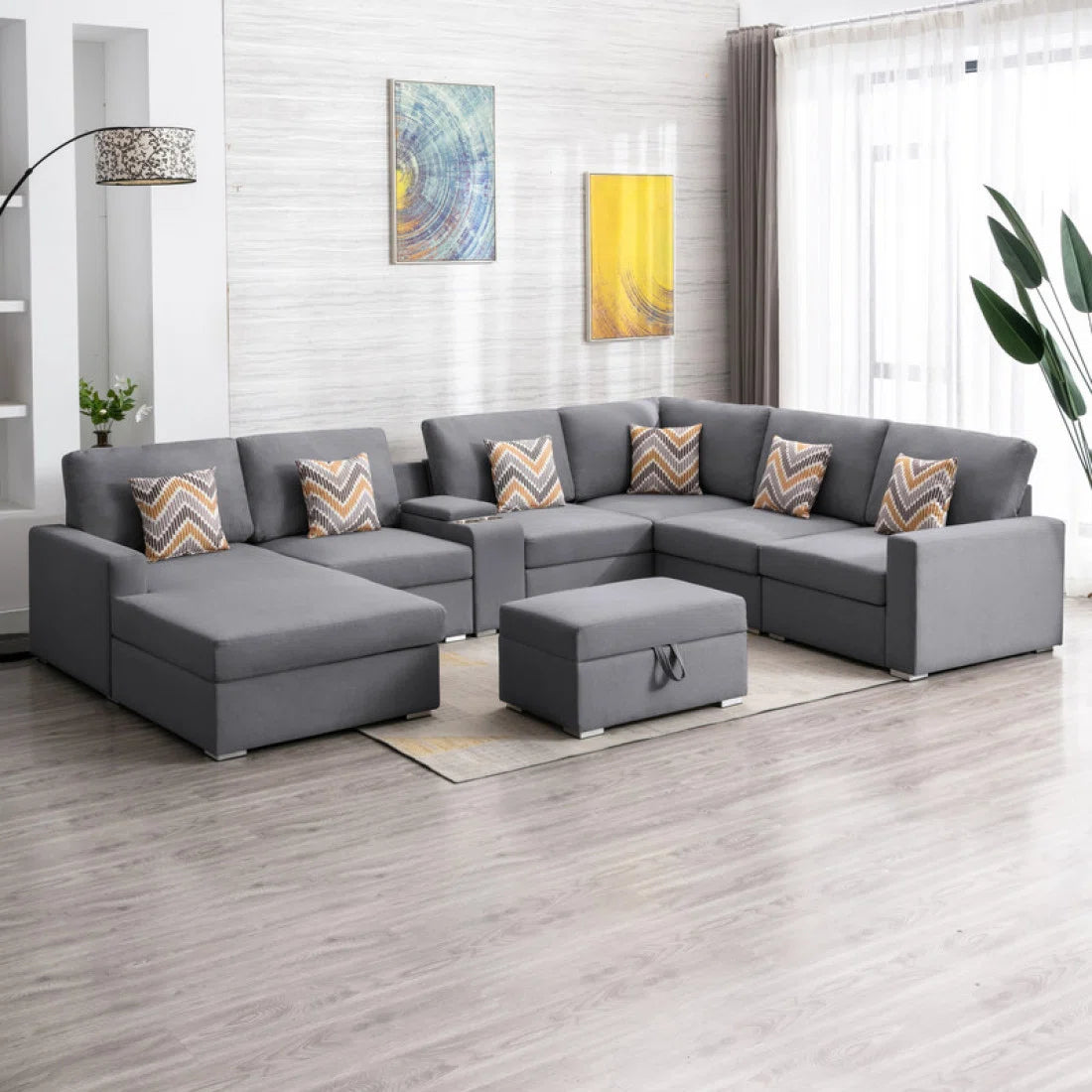 7 Seater Sofa Set: Modern 135" Linen Fabric 8-Piece Sectional with Sofa Set
