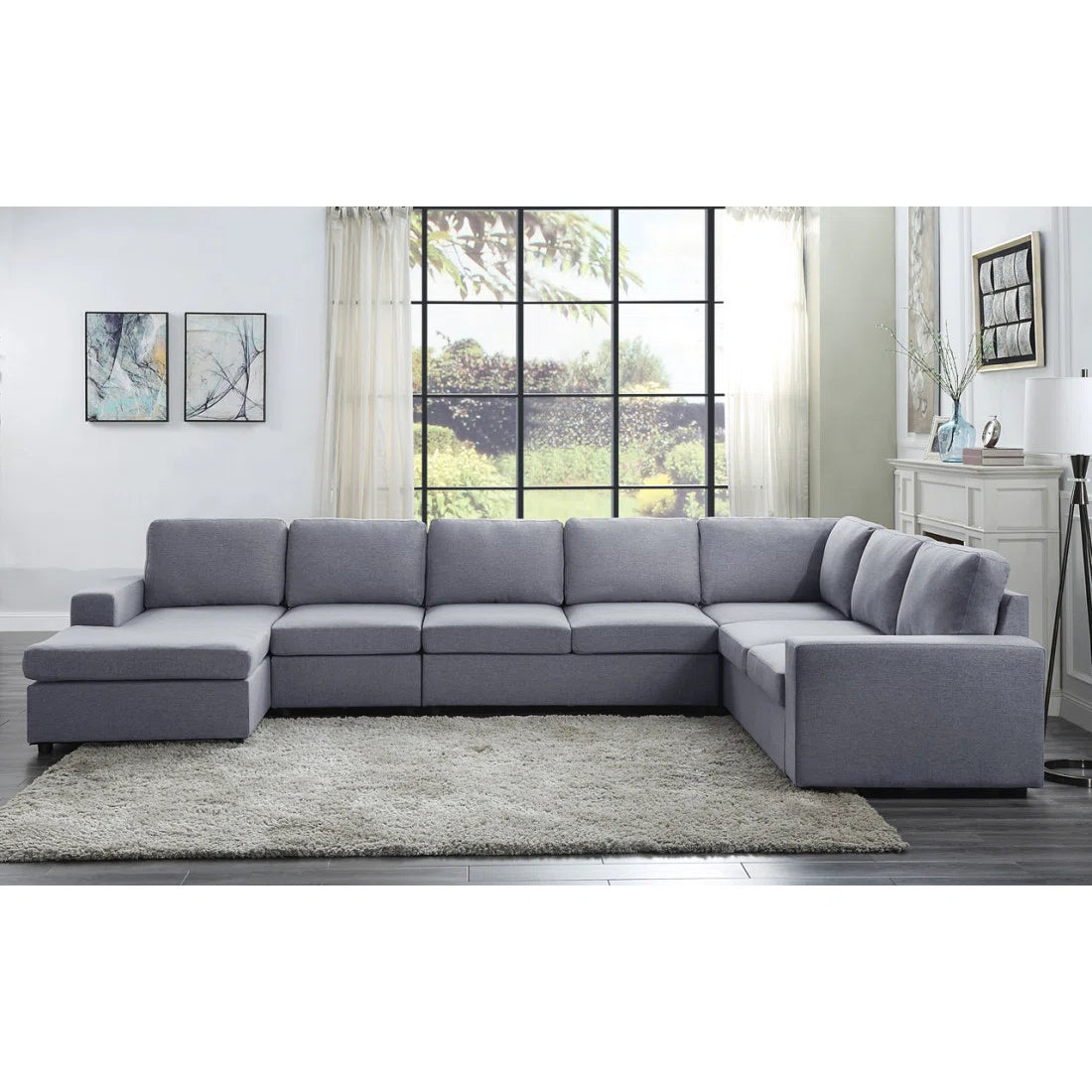 7 Seater Sofa Set: 147" Reversible Modular Sectional Sofa Chaise in Linen Fabric