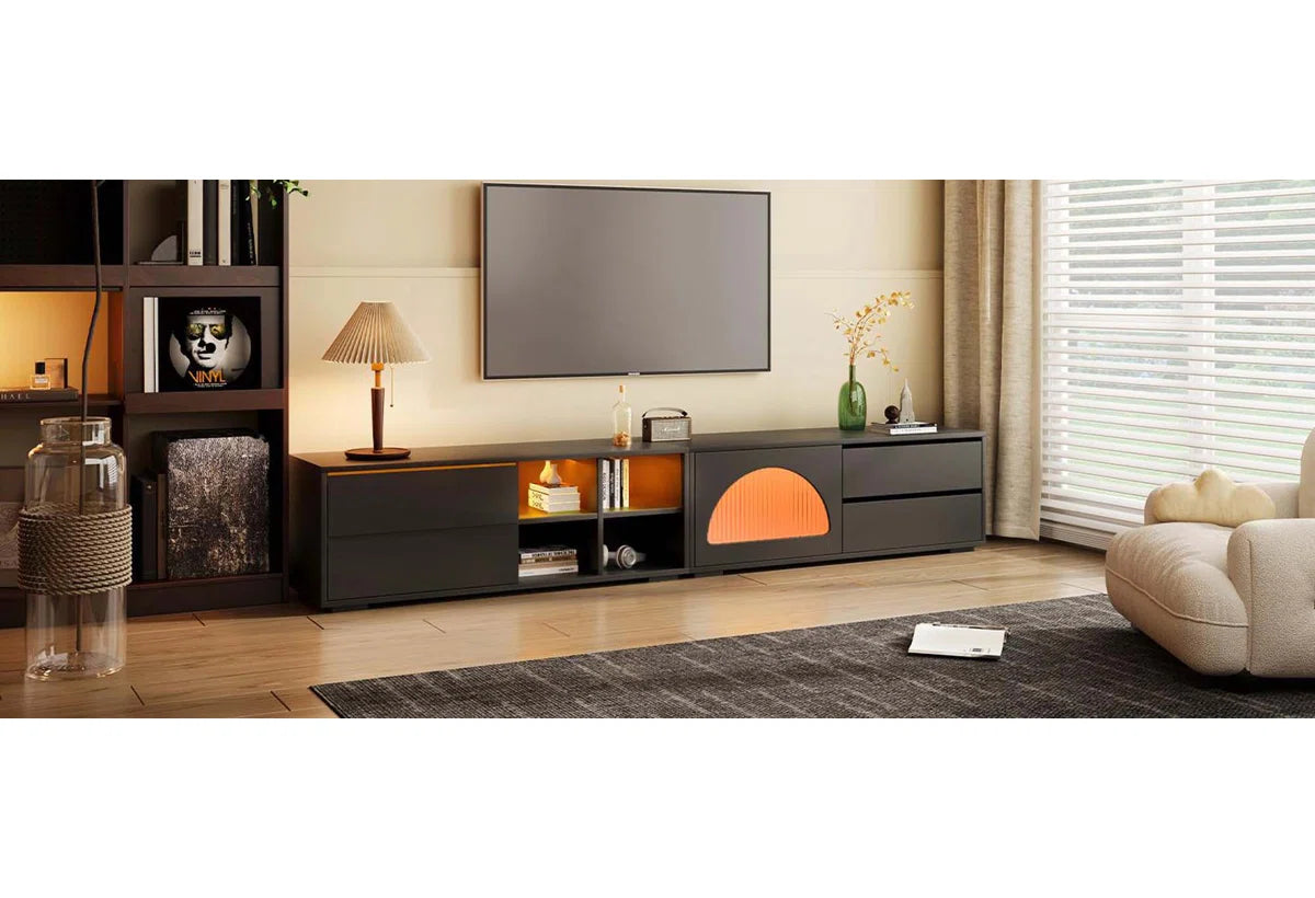 tv panel: Stylish Modern tv panel with Fluted Glass, Sliding Door, and LED Lights
