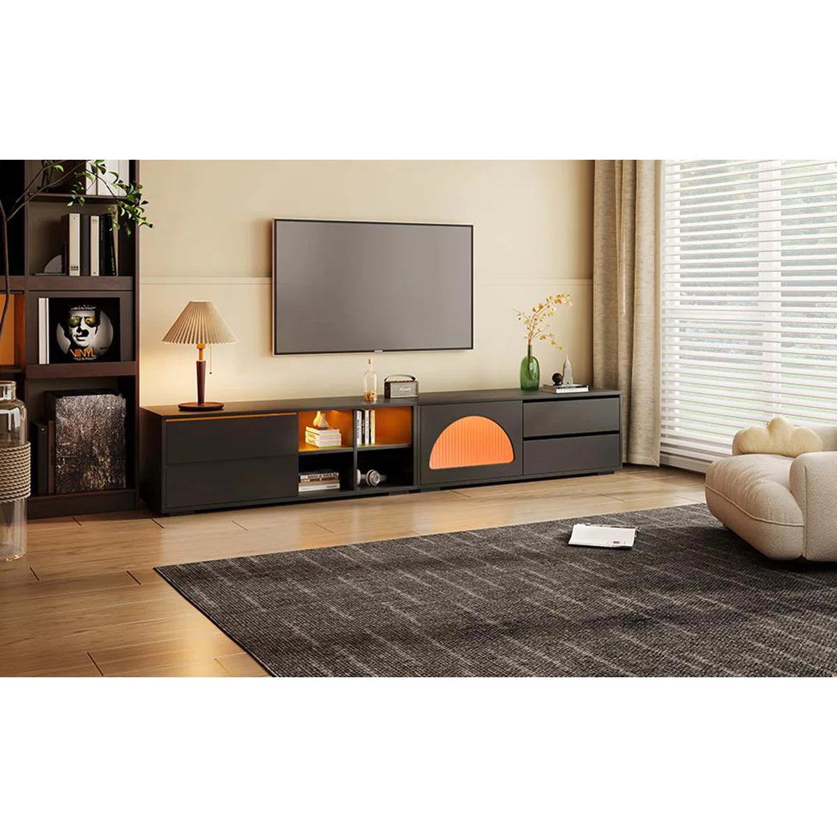 tv panel: Stylish Modern tv panel with Fluted Glass, Sliding Door, and LED Lights