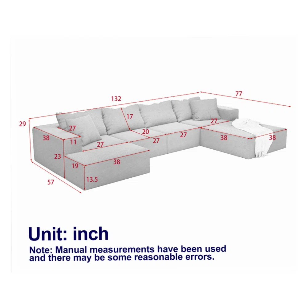 7 Seater Sofa Set: 132" Modular L-Shaped Sectional with Pillows