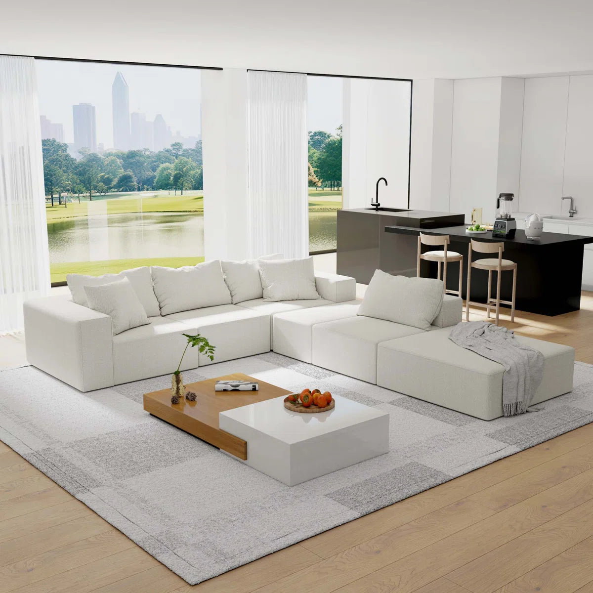 7 Seater Sofa Set: 132" Modular L-Shaped Sectional with Pillows