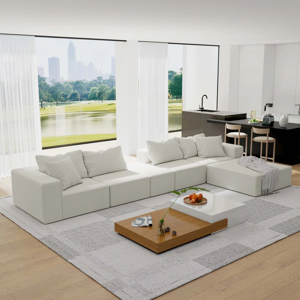 7 Seater Sofa Set: 132" Modular L-Shaped Sectional with Pillows