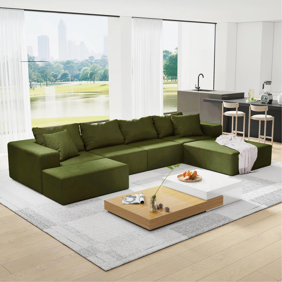 7 Seater Sofa Set: L-Shaped Upholstered Sectional with 6 Pillows for Living Room & Bedroom