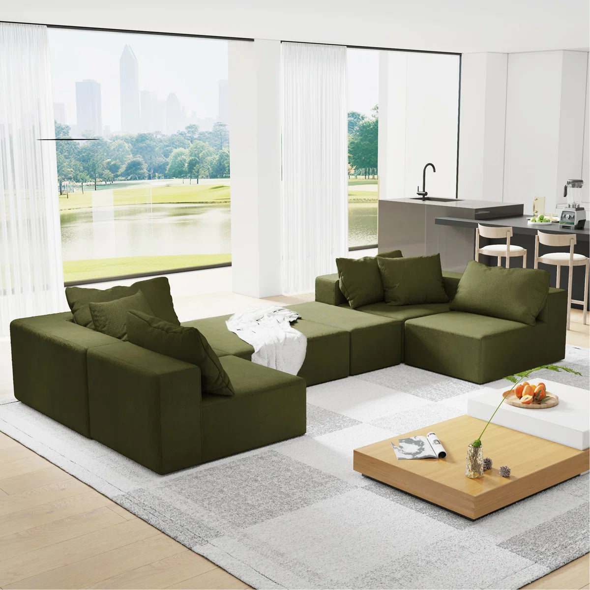 7 Seater Sofa Set: L-Shaped Upholstered Sectional with 6 Pillows for Living Room & Bedroom