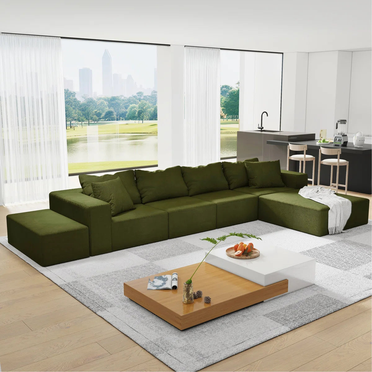 7 Seater Sofa Set: L-Shaped Upholstered Sectional with 6 Pillows for Living Room & Bedroom