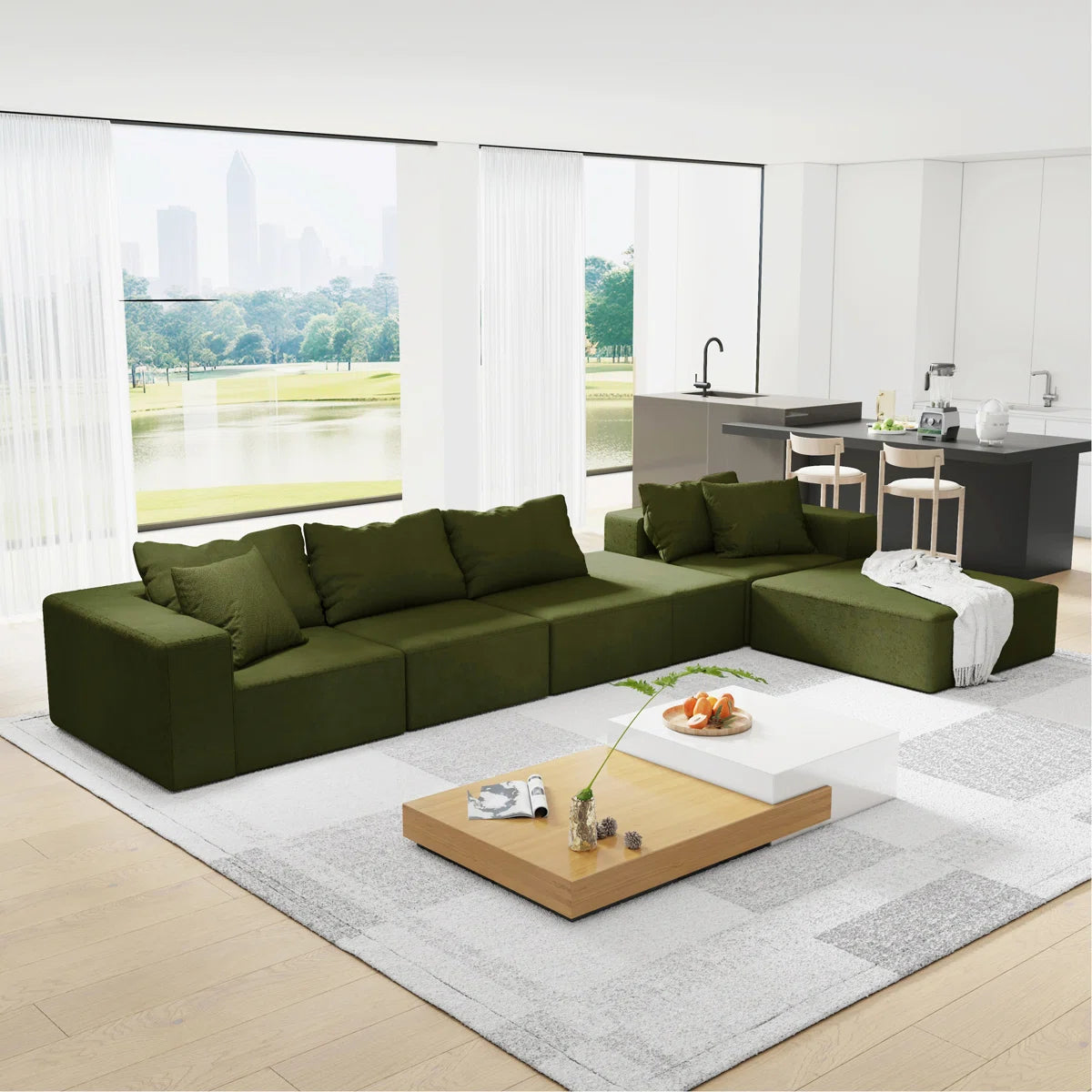7 Seater Sofa Set: L-Shaped Upholstered Sectional with 6 Pillows for Living Room & Bedroom