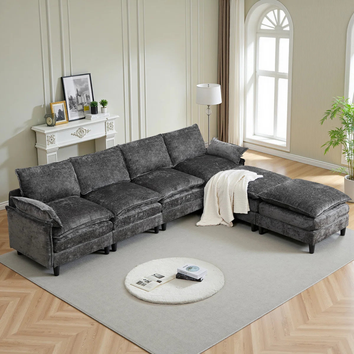7 Seater Sofa Set: 6-Seater Modular U-Shaped Sectional Couch with 2 Movable Ottomans