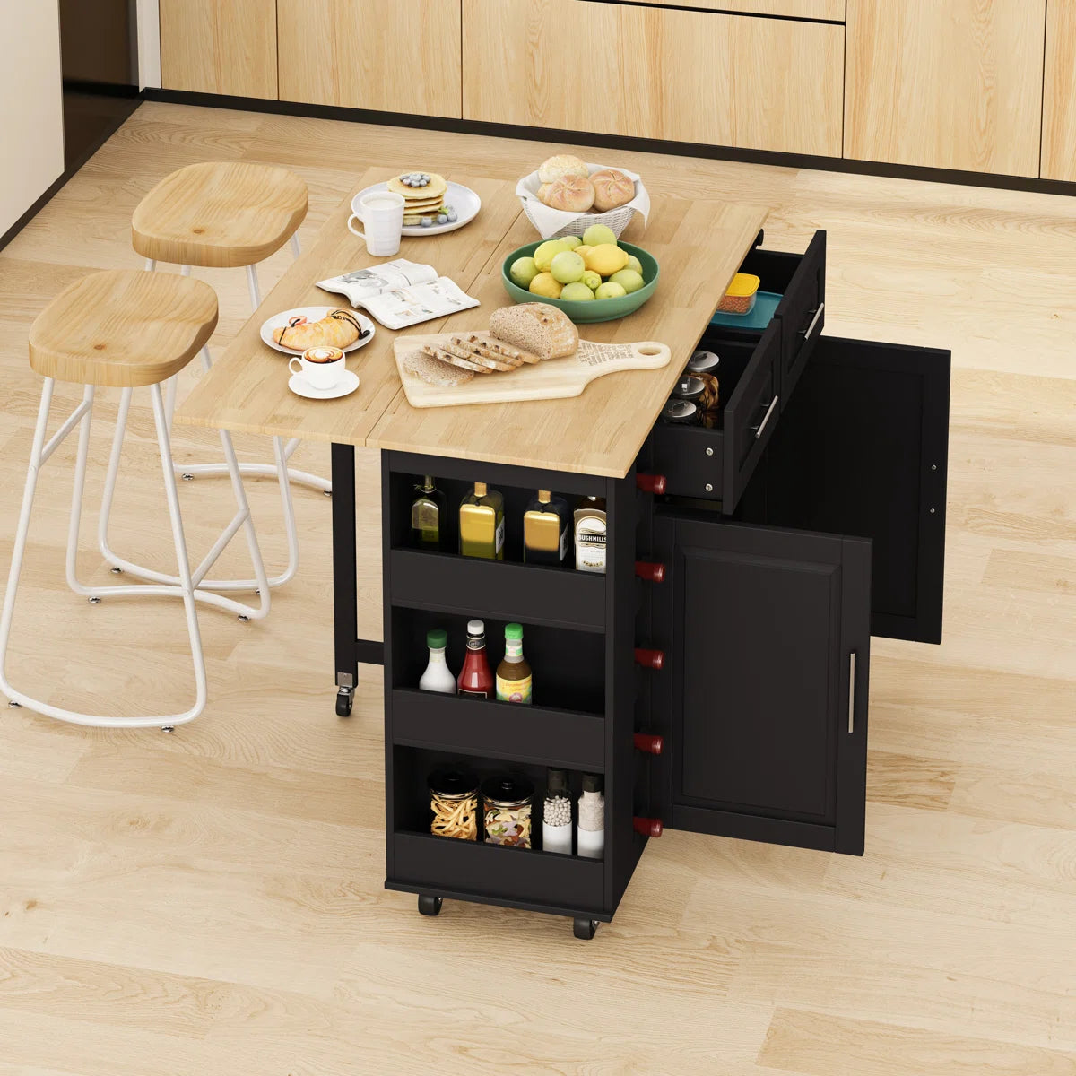 Kitchen Island Table: Handcrafted Rustic Design with Extra-Large Storage and Rolling Wheels