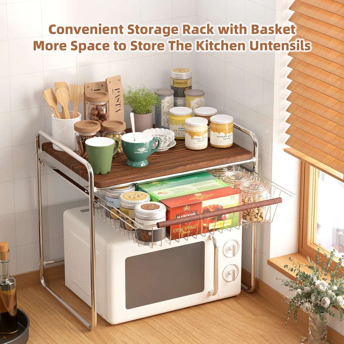 Kitchen Rack: Multifunctional Storage Rack for Microwave Oven with Wooden Tabletop and Steel Drawers