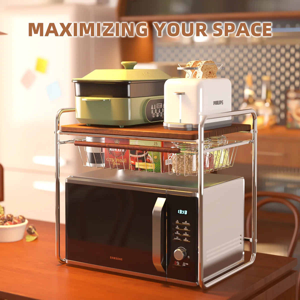 Kitchen Rack: Multifunctional Storage Rack for Microwave Oven with Wooden Tabletop and Steel Drawers