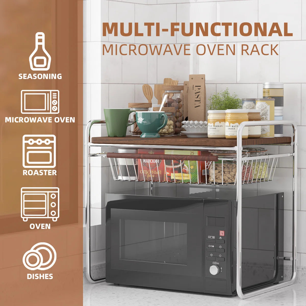 Kitchen Rack: Multifunctional Storage Rack for Microwave Oven with Wooden Tabletop and Steel Drawers