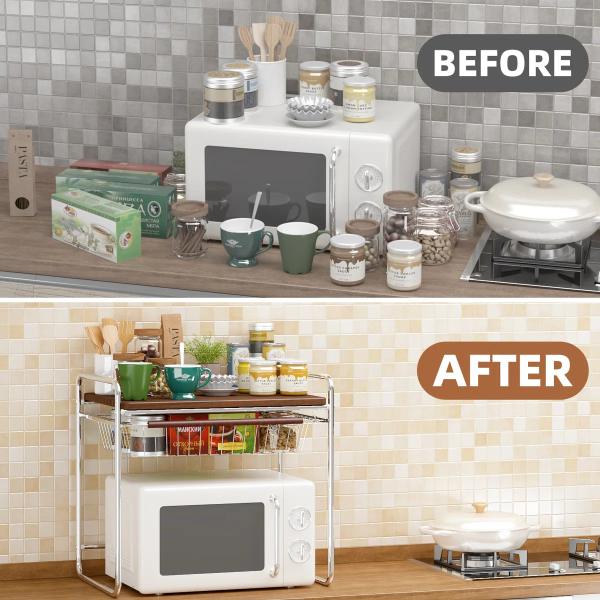 Kitchen Rack: Multifunctional Storage Rack for Microwave Oven with Wooden Tabletop and Steel Drawers
