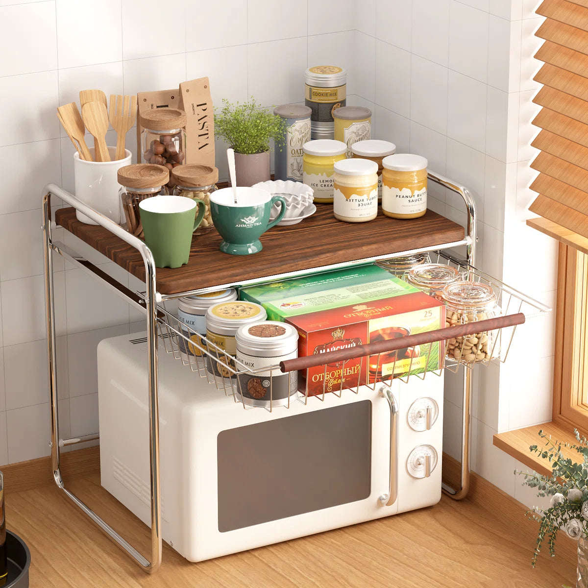 Kitchen Rack: Multifunctional Storage Rack for Microwave Oven with Wooden Tabletop and Steel Drawers