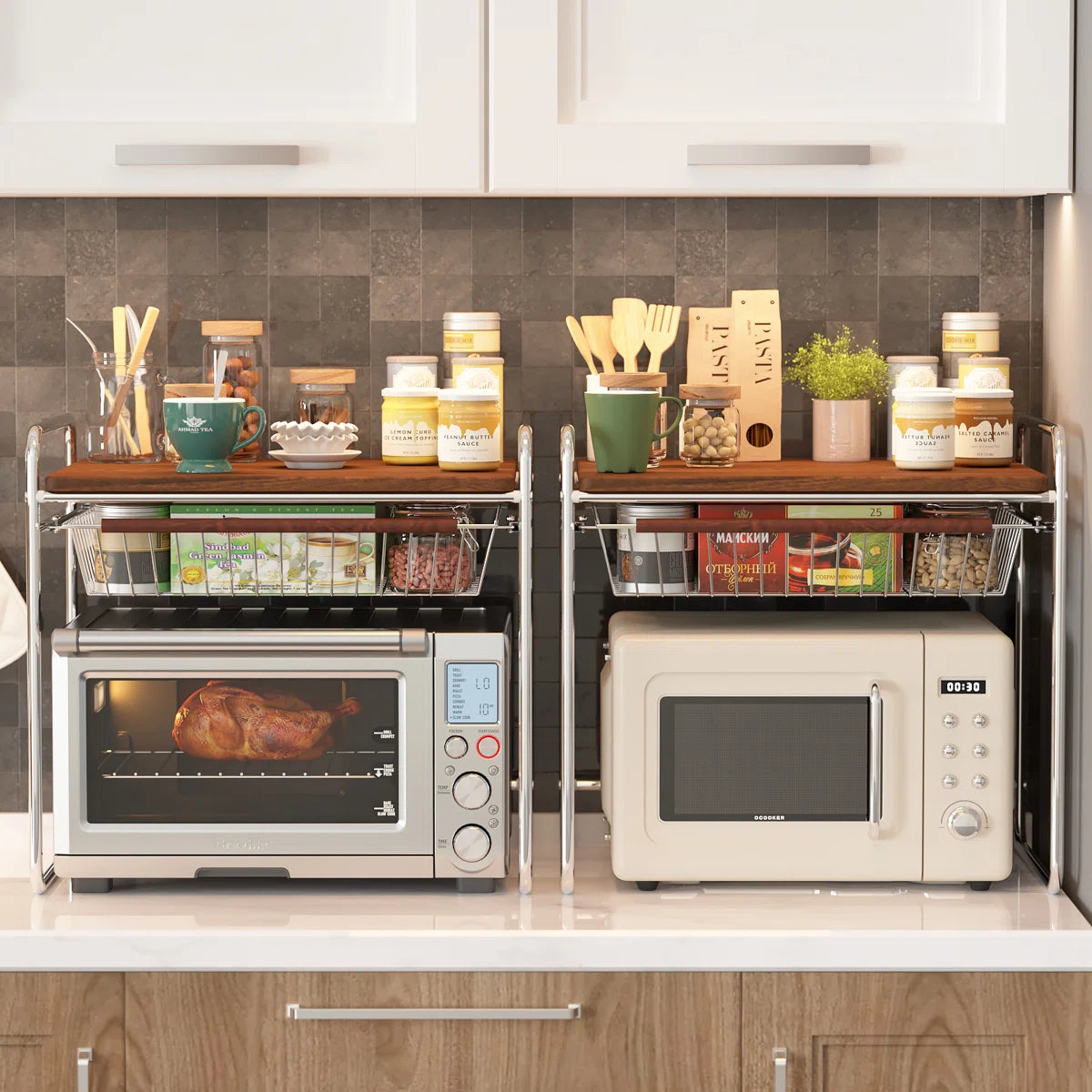 Kitchen Rack: Multifunctional Storage Rack for Microwave Oven with Wooden Tabletop and Steel Drawers